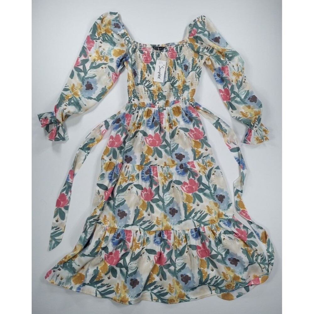 Simplee Womens M Floral Fit Flare Midi Dress Square Neck Puff Long Sleeve NWT